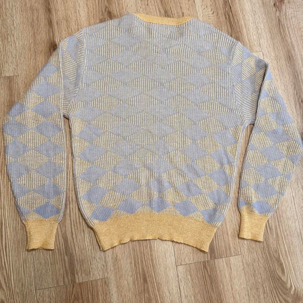 Christian Dior Vintage Diamond Knit Sweater Blue Yellow Linen Blend Large USA - Picture 2 of 6